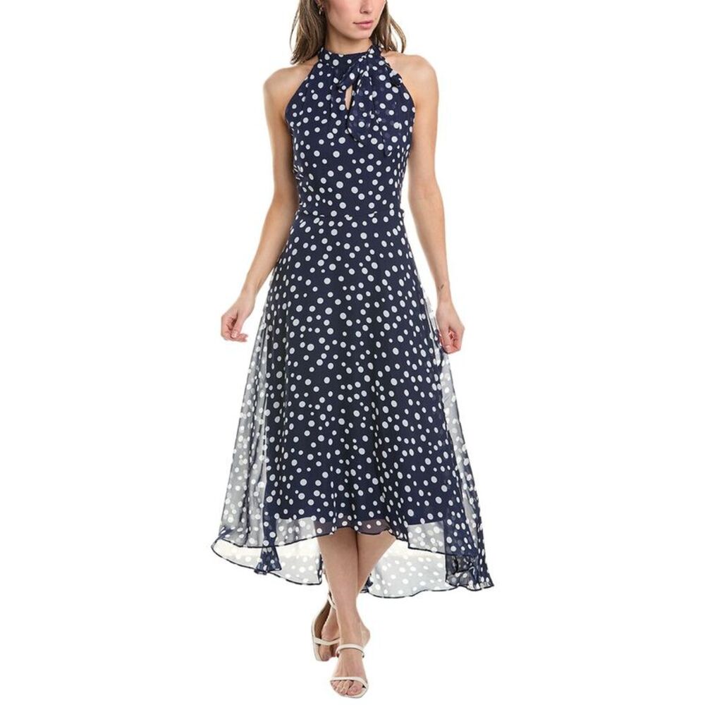 Tahari ASL Navy Blue Polka Dot Midi Dress